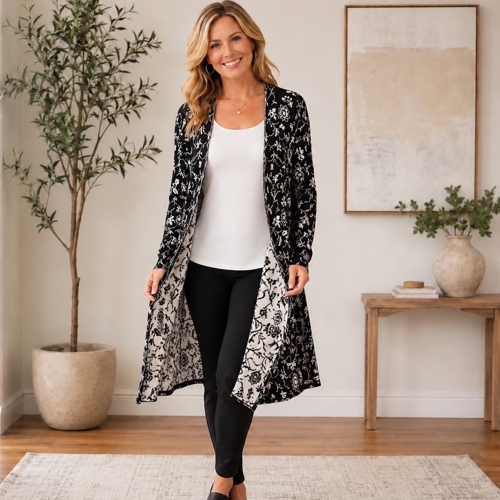 Janina Black White EU‎ 42, US Large Duster Cardigan Open Front Midi Sweater